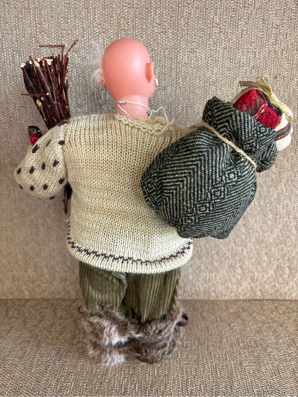 Nordic Old Man Santa Claus Doll Reindeer Knit Sweater Twig Bundle Rustic Holiday